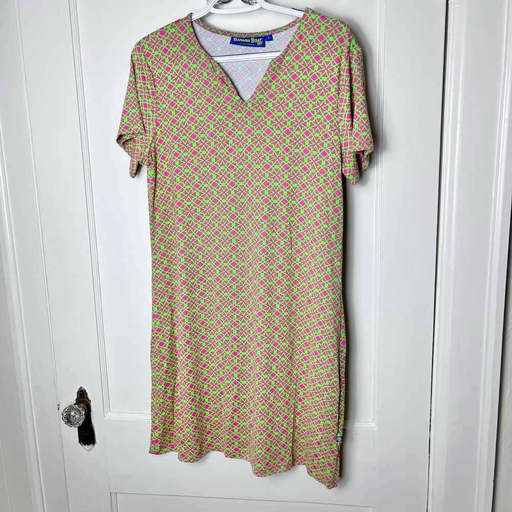 Banana Boat Women's Short Sleeve Pink Green Geometric Floral UPF 50 Dress Large